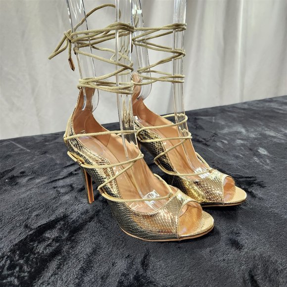 M&L Gold Metallic Material Open Round Toe Strappy Tie Detail 4" Stiletto Heels - Picture 7 of 8